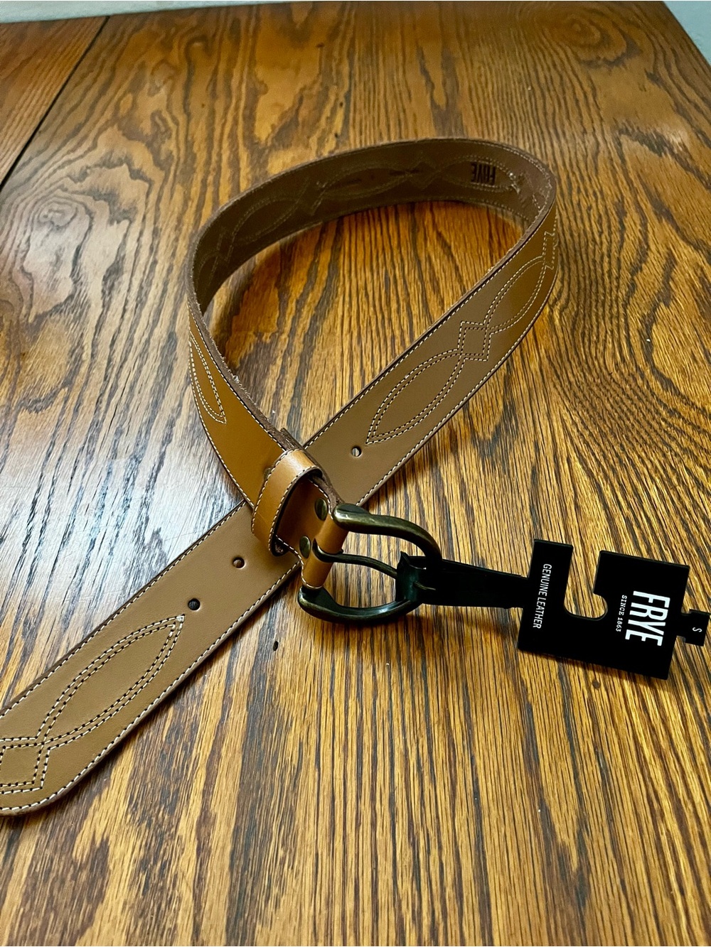 FRYE Tan Leather Women’s Belt with Decorative Stitching NWT Brown Sz S